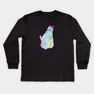 A colorful cat tries to sit in a little box Kids Long Sleeve T-Shirt